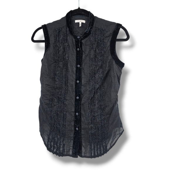 Metro7 Black Sleeveless Shirt Small Button Down Top Velvet Trim Ruffle Detail - Picture 1 of 7